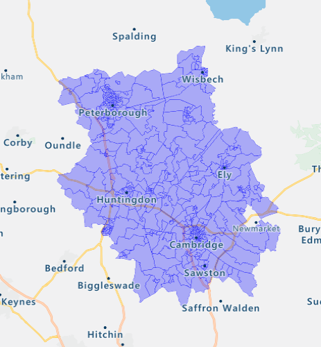 A map of the Lower Super Output Areas in Cambridgeshire and Peterborough