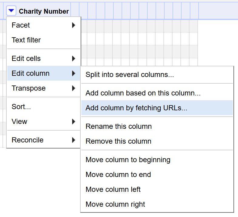 Screenshot of OpenRefine option for adding column based on an url