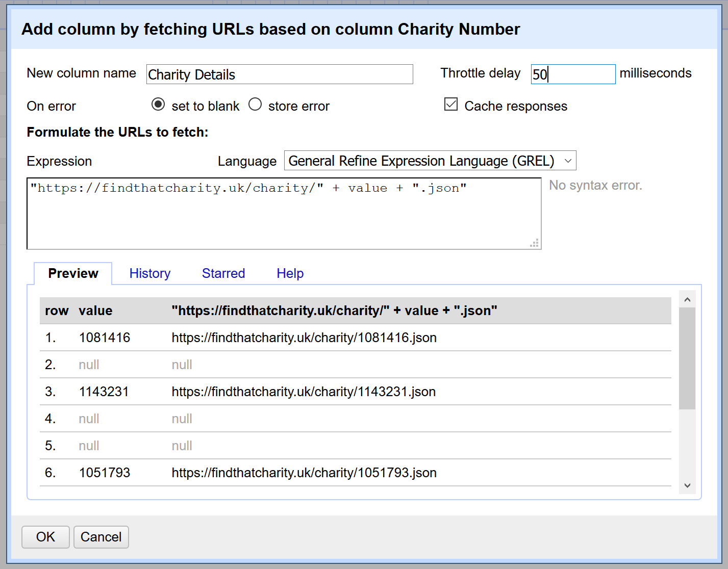 Preview of the Add column by fetching from URL dialog