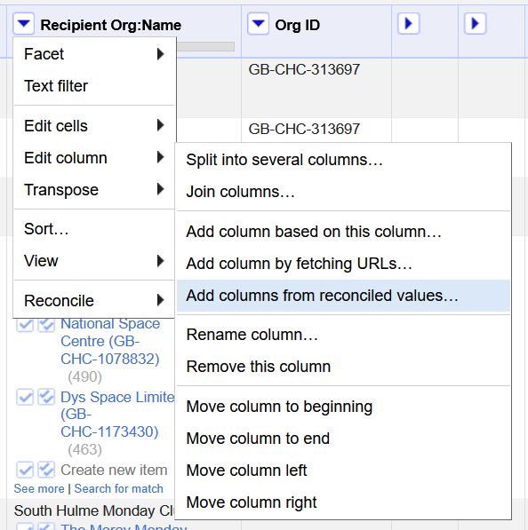Screenshot of OpenRefine option for adding column from reconciled values