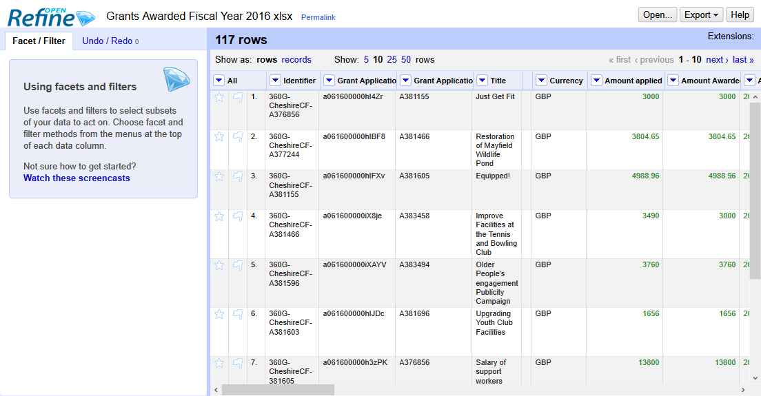 Data loaded into OpenRefine