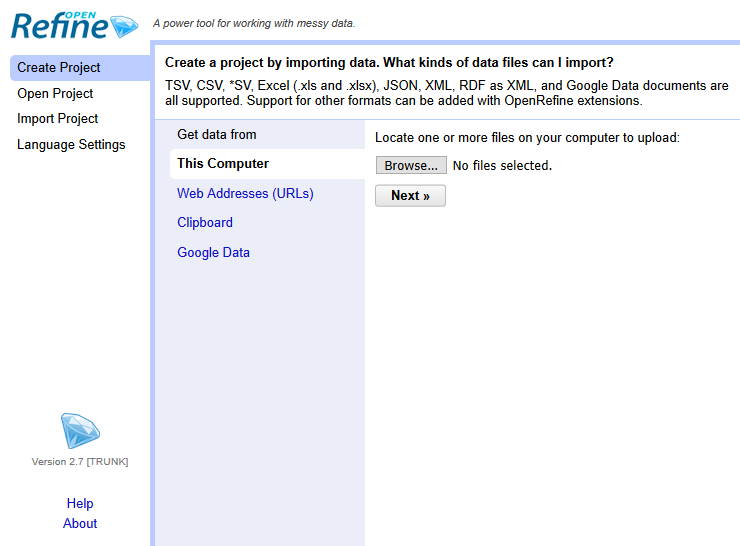 Web page screenshot showing the OpenRefine screen for importing data