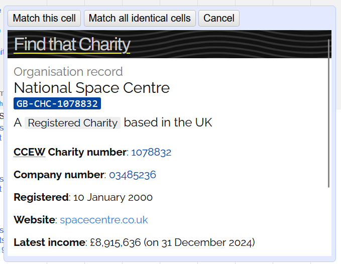 A preview of a charity from hovering over the link